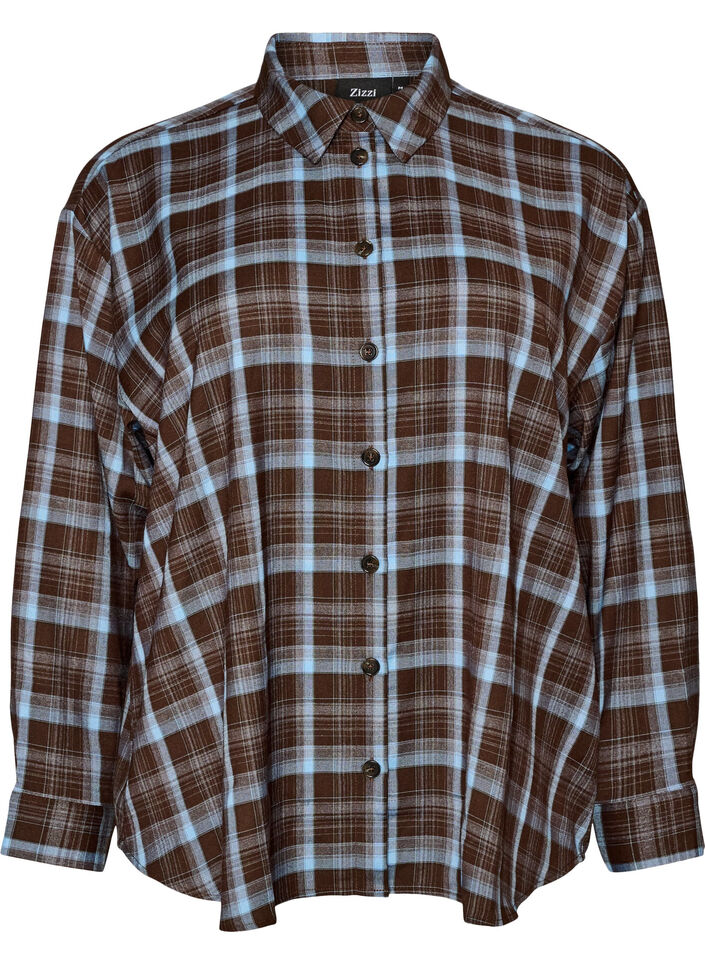 Ruudullinen paita rennolla istuvuudella, Ruskea, Packshot image number 0