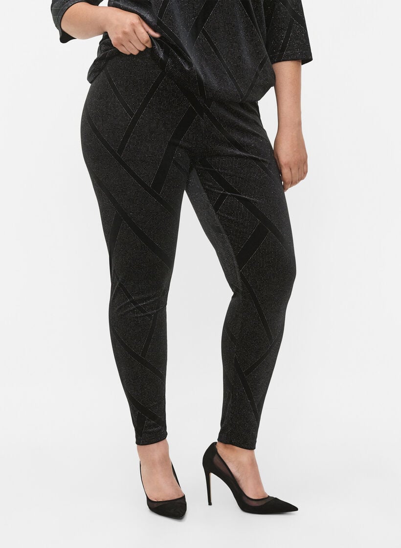Veluurileggingsit glitterill&auml; ja kuviolla, Musta, Model image number 1