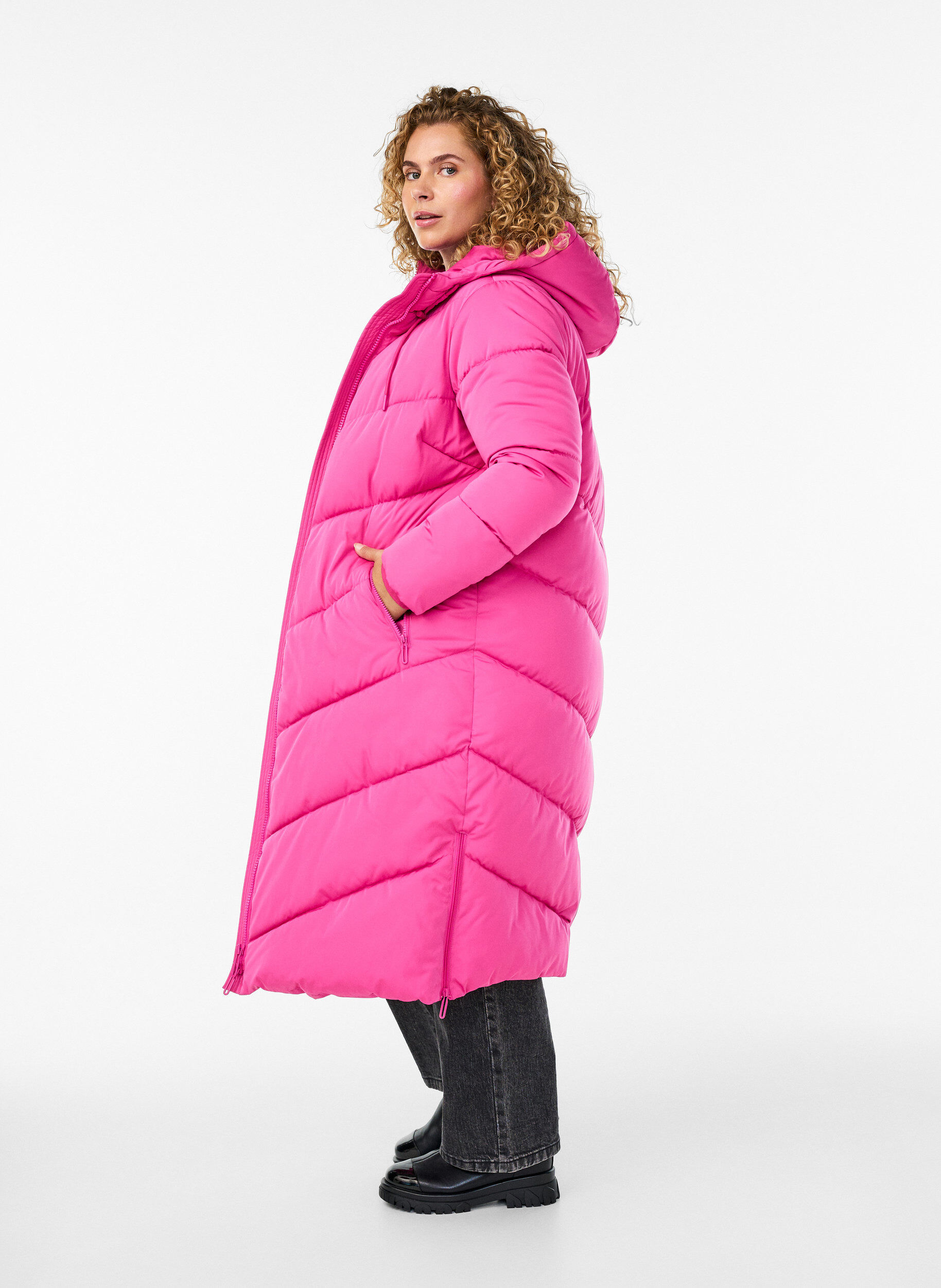 ZizziPitk&auml; toppatakki, jossa huppu ja taskut, Vaaleanpunainen, Model image number 2