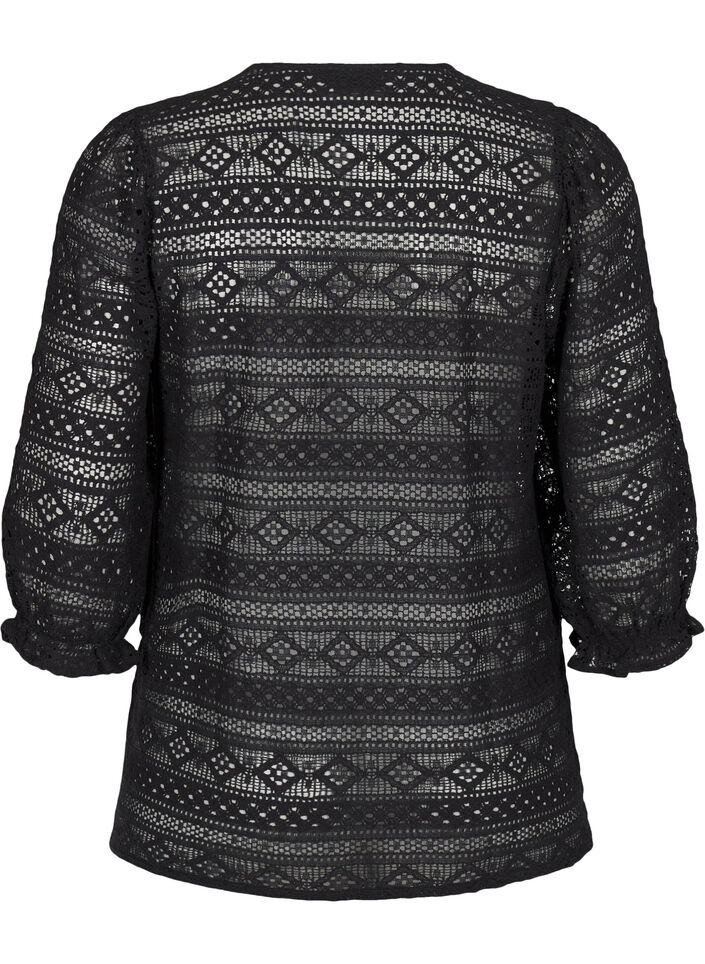 Pusero, jossa reikäkuviointi ja 3/4-hihat, Musta, Packshot image number 1