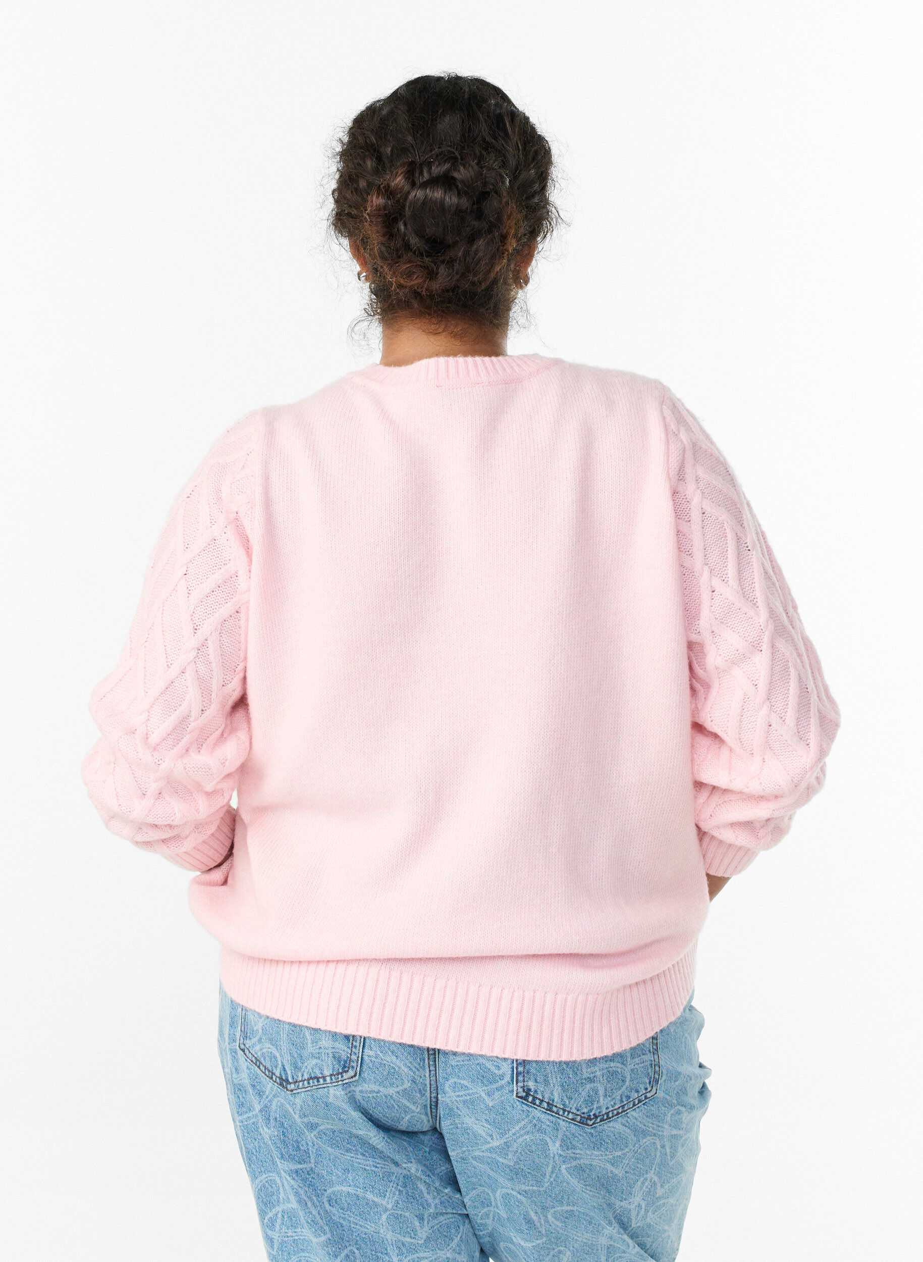 Zizzi Neulepusero palmikkokuviolla ja py&ouml;re&auml;ll&auml; kaula-aukolla., Vaaleanpunainen, Model image number 2