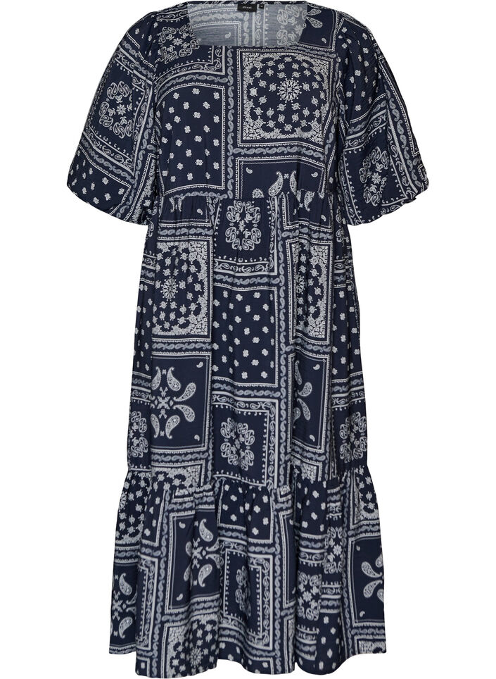 Nilkkapituinen mekko viskoosista paisley-kuviolla ja lyhyill&auml; hihoilla, Sininen, Packshot image number 0