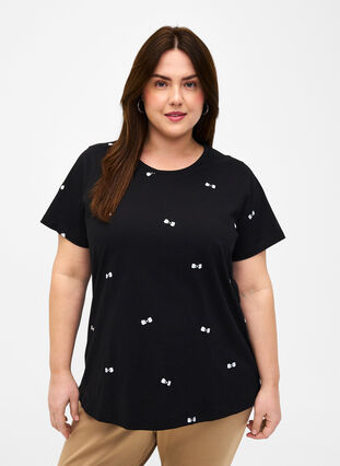 Luomupuuvillasta valmistettu T-paita sydämillä, Black W. Bow Emb. , Model image number 0
