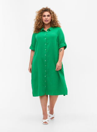 Puuvillainen pusero-mekko lyhyillä hihoilla, Bright Green, Model image number 2