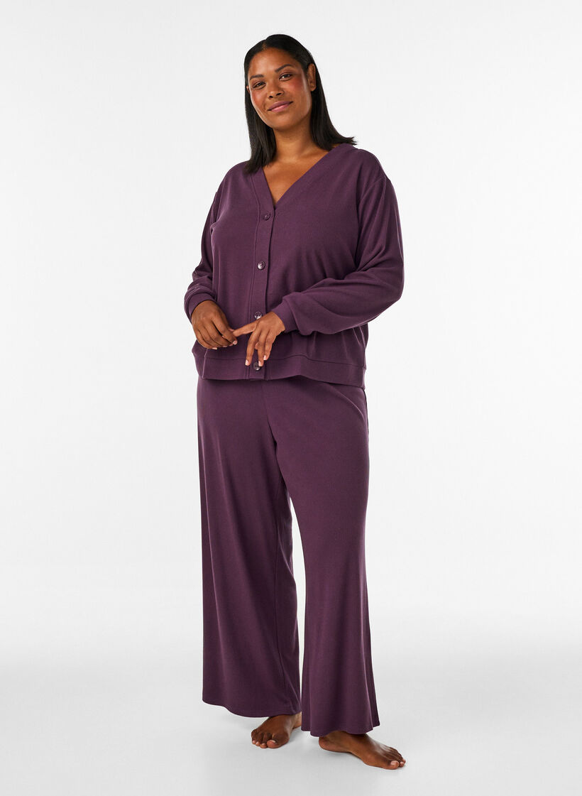 Ribatut jerseyhousut leveill&auml; lahkeilla, Violetti, Model image number 1