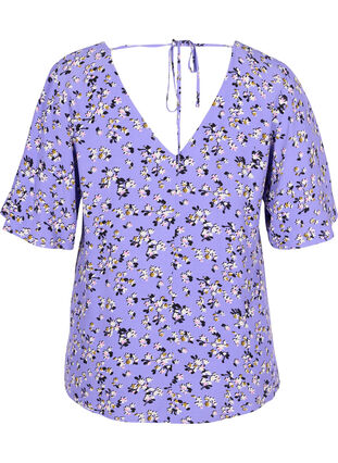 Kukallinen viskoosipusero  nyöriyksityiskohdalla, Lilac Flower Print, Packshot image number 1