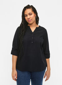 Puuvillainen paitapusero v-aukolla, Black, Model
