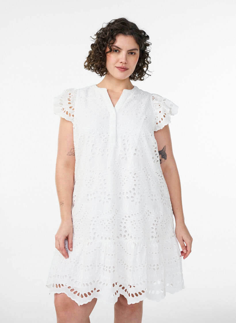 Broderie anglaise -mekko r&ouml;yhel&ouml;hihoilla, Valkoinen, Model image number 0