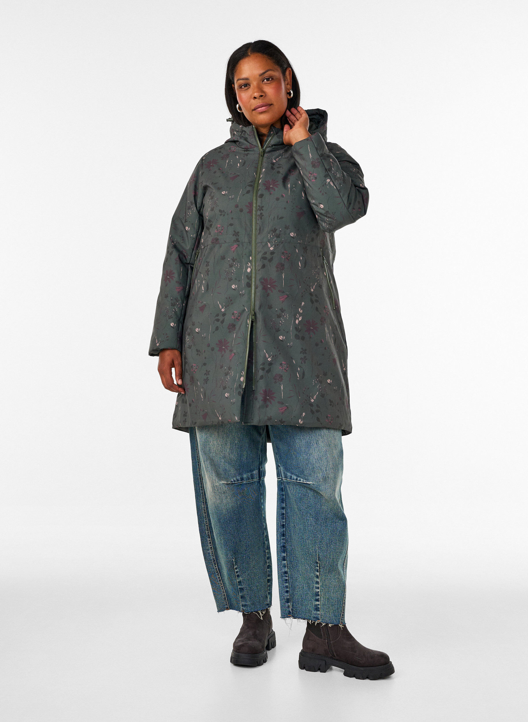 ZizziTopattu talvitakki kukkakuosilla, Vihre&auml;, Model image number 1