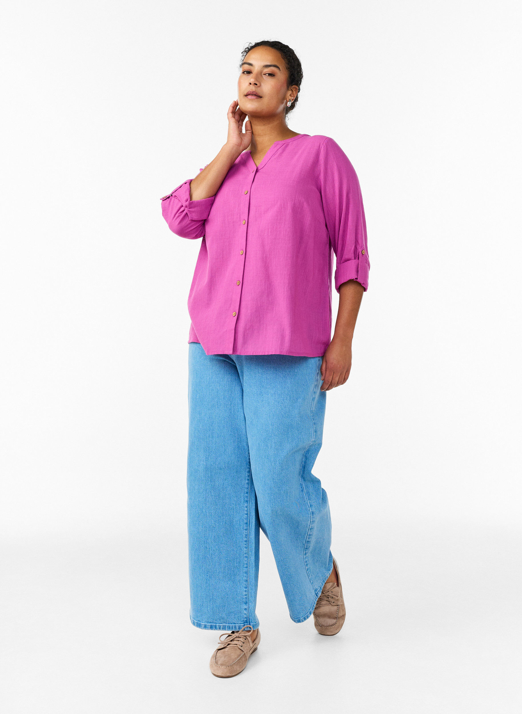 Zizzi Puuvillainen paitapusero V-p&auml;&auml;ntiell&auml;, Vaaleanpunainen, Model image number 1