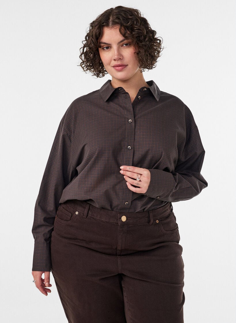 Puuvillapaita ruutukuosilla, Ruskea, Model image number 0