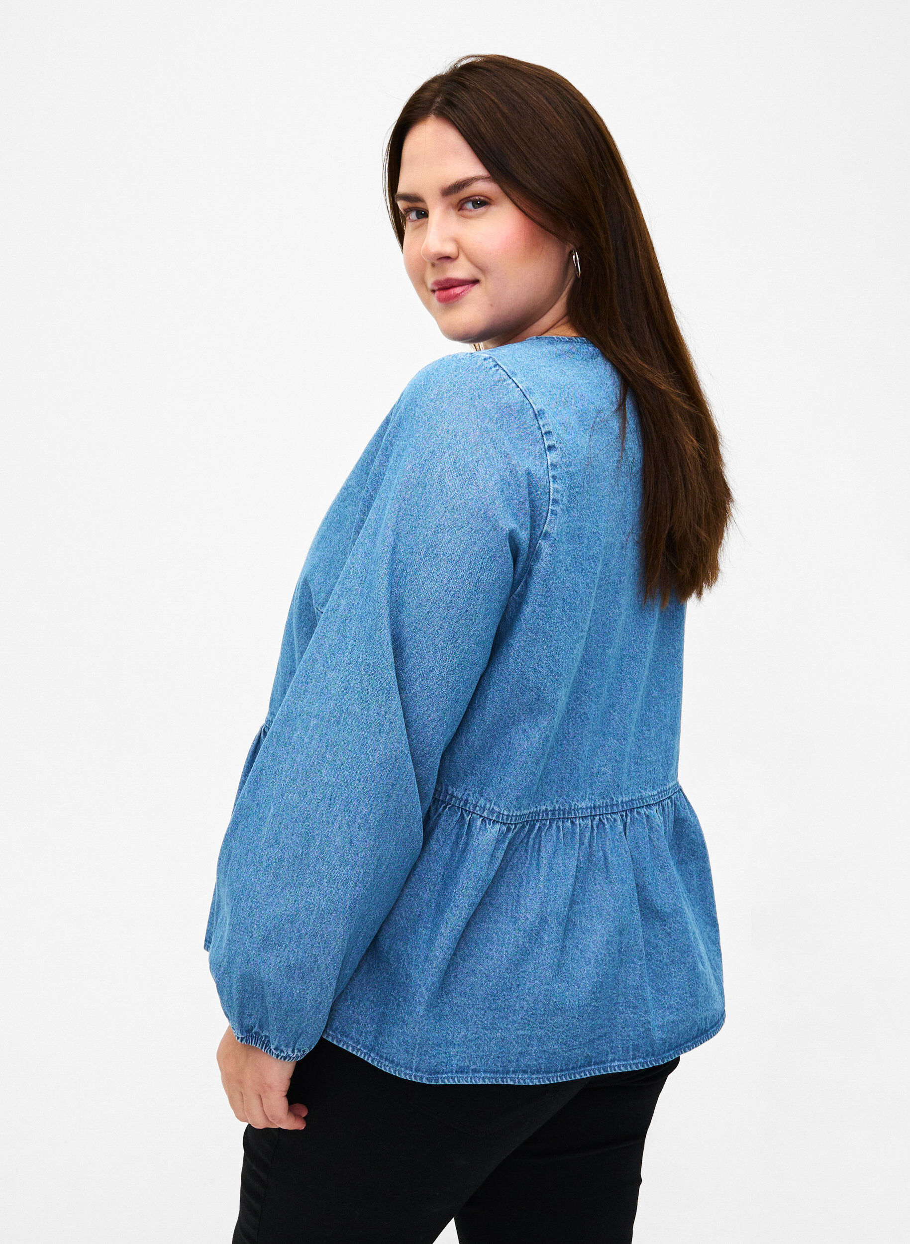 ZizziFarkkukankainen peplum-pusero, jossa on nauhakiinnitys, Light Blue Denim, Model image number 1