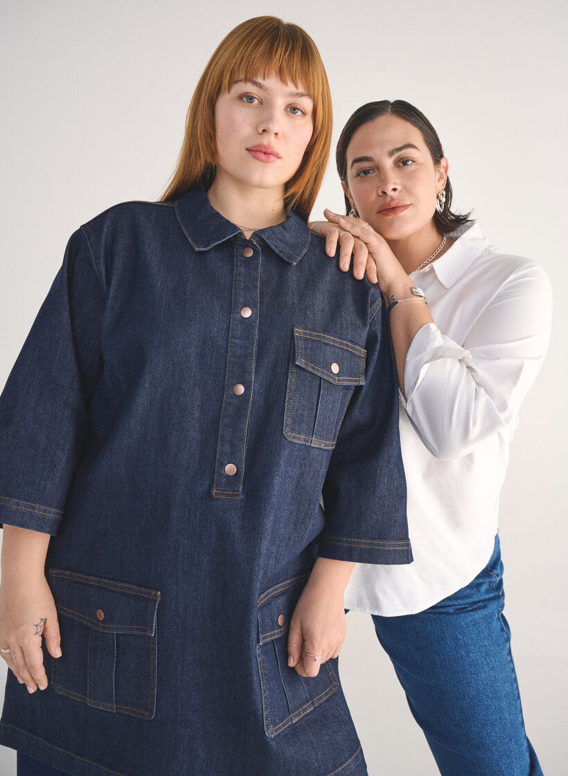 Denimekko suurilla taskuilla ja 3/4-hihoilla, Unwashed, Image image number 0