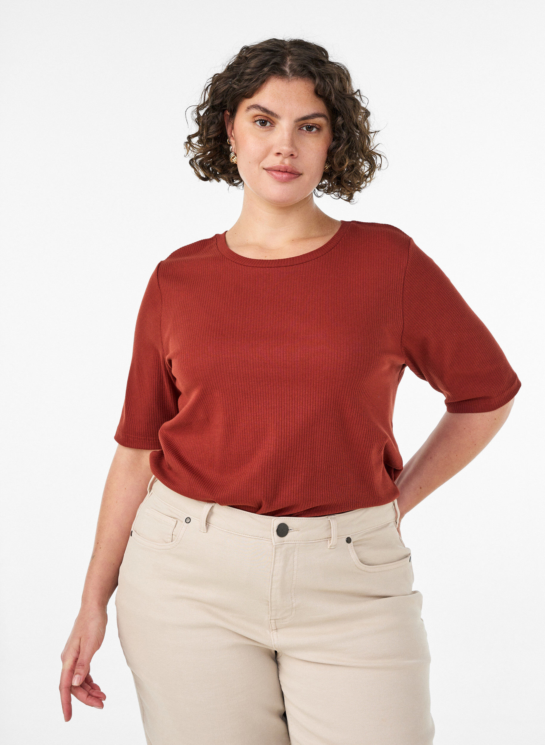 ZizziRibattu jerseypusero, jossa on lyhyet hihat, Punainen, Model image number 0