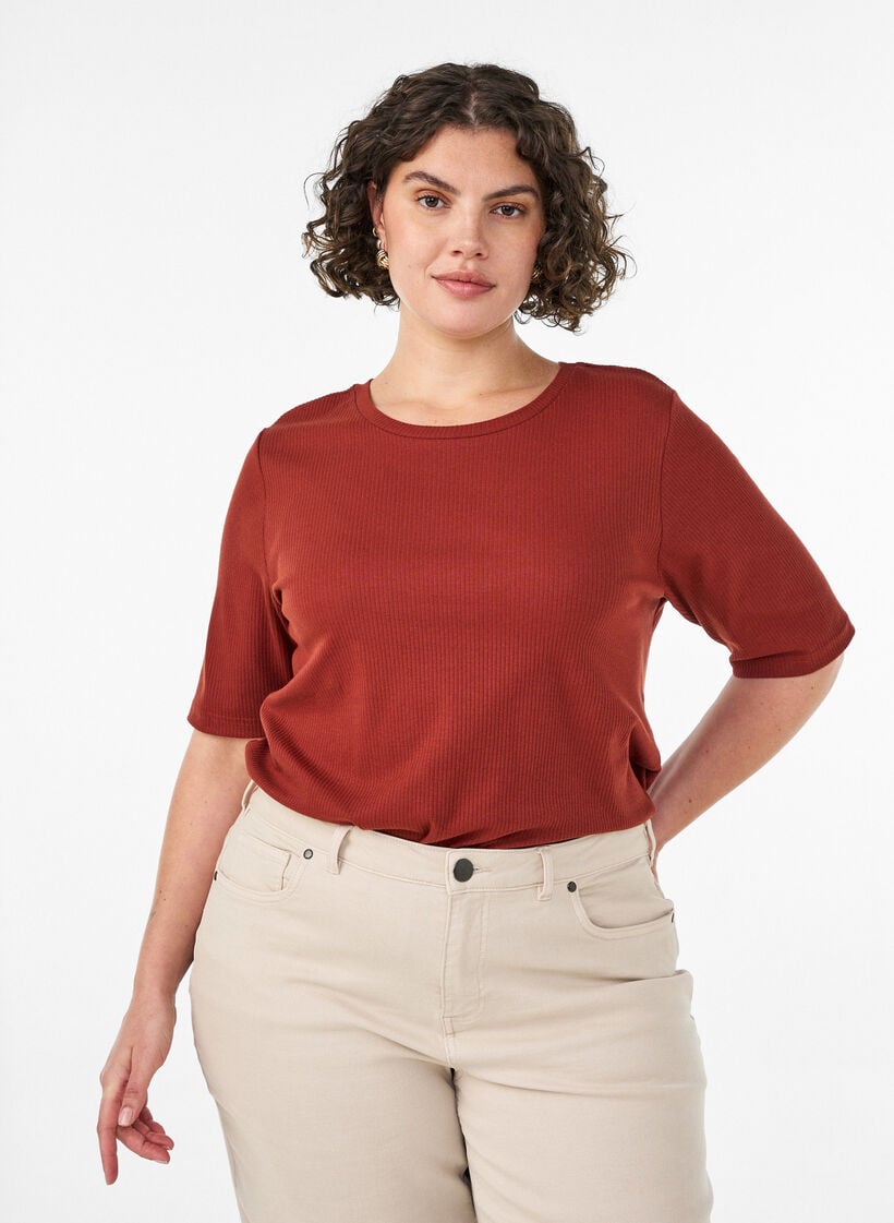 Ribattu jerseypusero, jossa on lyhyet hihat, Punainen, Model image number 0