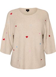 Syd&auml;nkuvioitu neulepusero 3/4-hihoilla, Beige