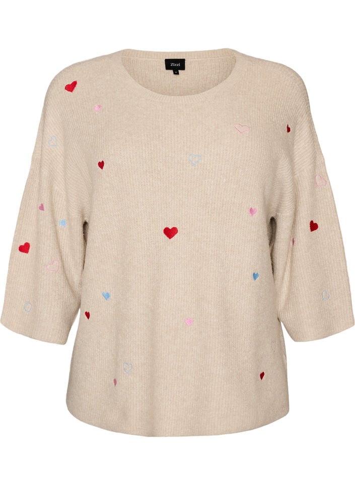 Syd&auml;nkuvioitu neulepusero 3/4-hihoilla, Beige, Packshot image number 0