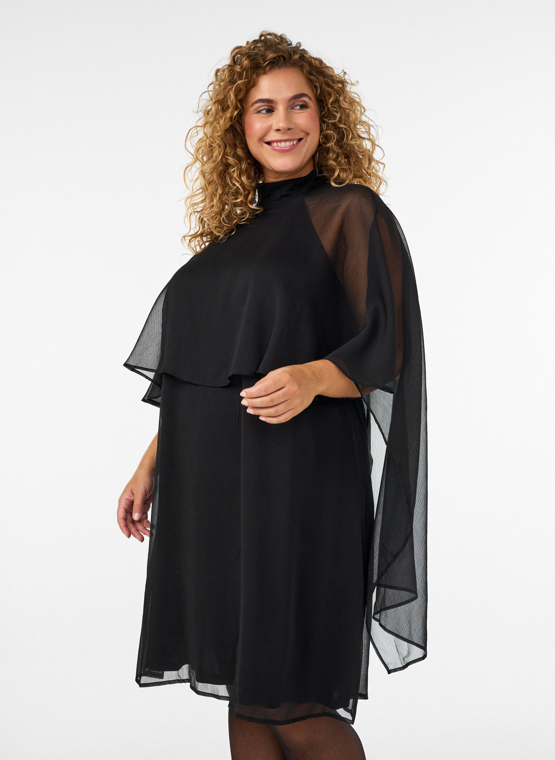 ZizziPolvipituinen sifonkimekko l&auml;pikuultavalla viitalla, Musta, Model image number 0