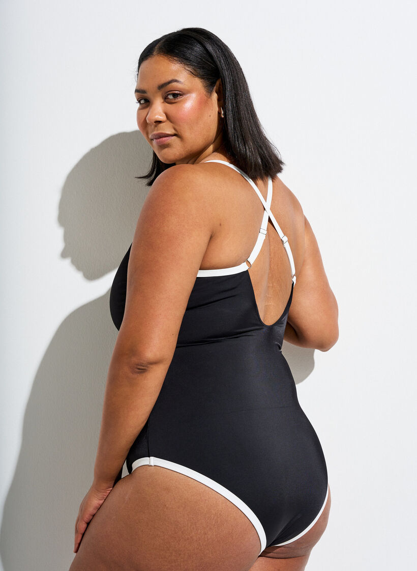 Urheilu-uimapuku kontrastikaitaleilla ja ristiin menevill&auml; olkaimilla, Musta, Model image number 2