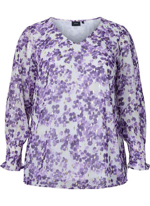 Kuosillinen, v-aukkoinen pusero pitkillä hihoilla, Beige/Purple Flower, Packshot image number 0