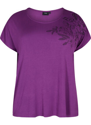 Lyhythihainen viskoosinen t-paita kukkakuosilla, Grape Juice Flower, Packshot image number 0