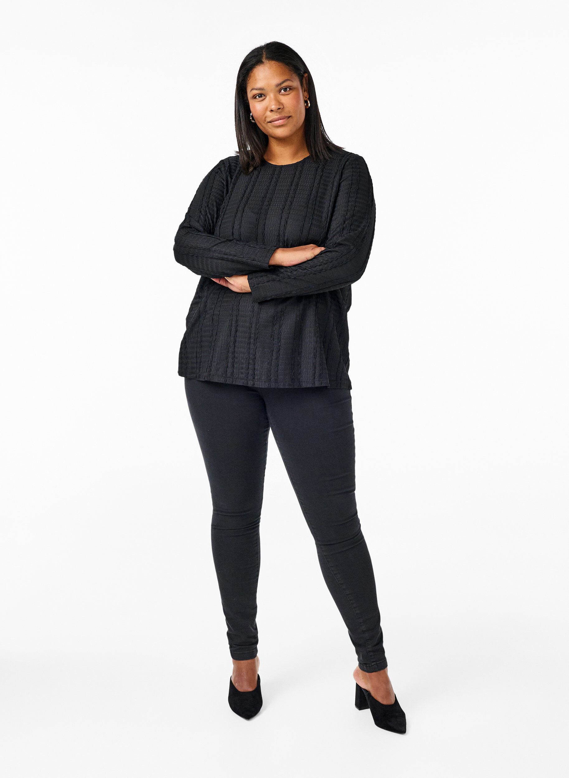 Zizzi Pitk&auml;hihainen pusero tekstuurilla., Black, Model image number 2