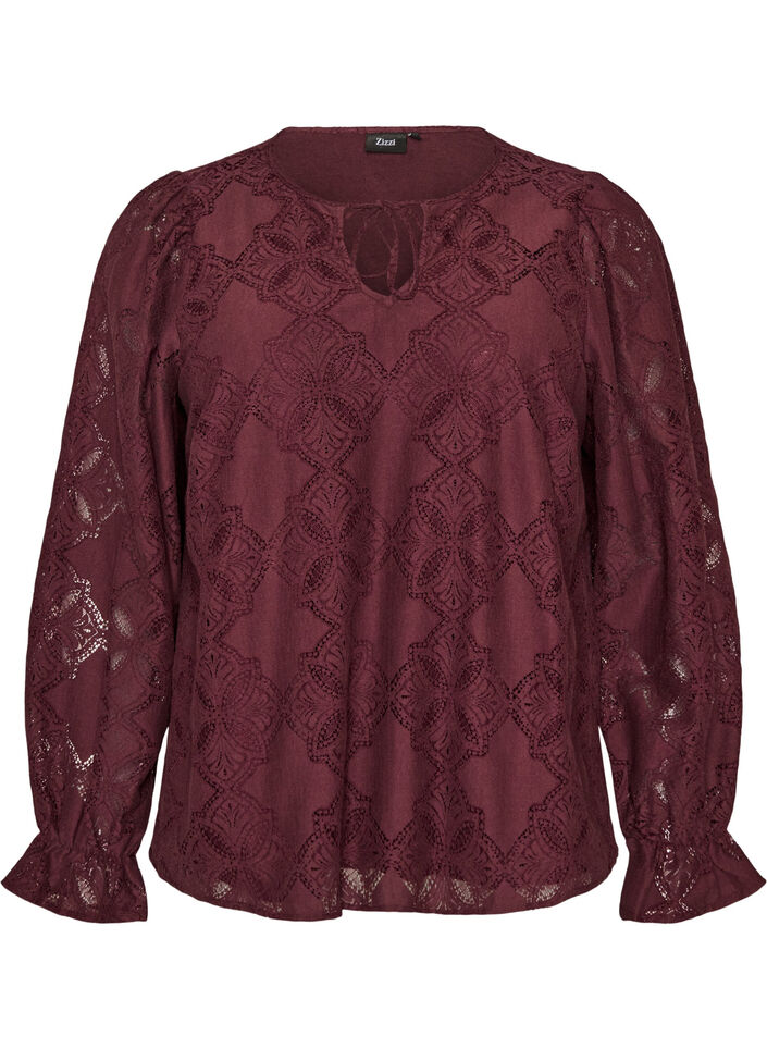 Pitk&auml;hihainen pusero pitsikuviolla, Tumma Bordeaux, Packshot image number 0