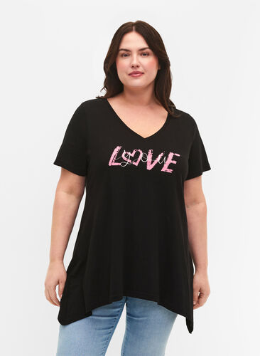 Lyhythihainen puuvillainen t-paita, Black LOVE, Model image number 0