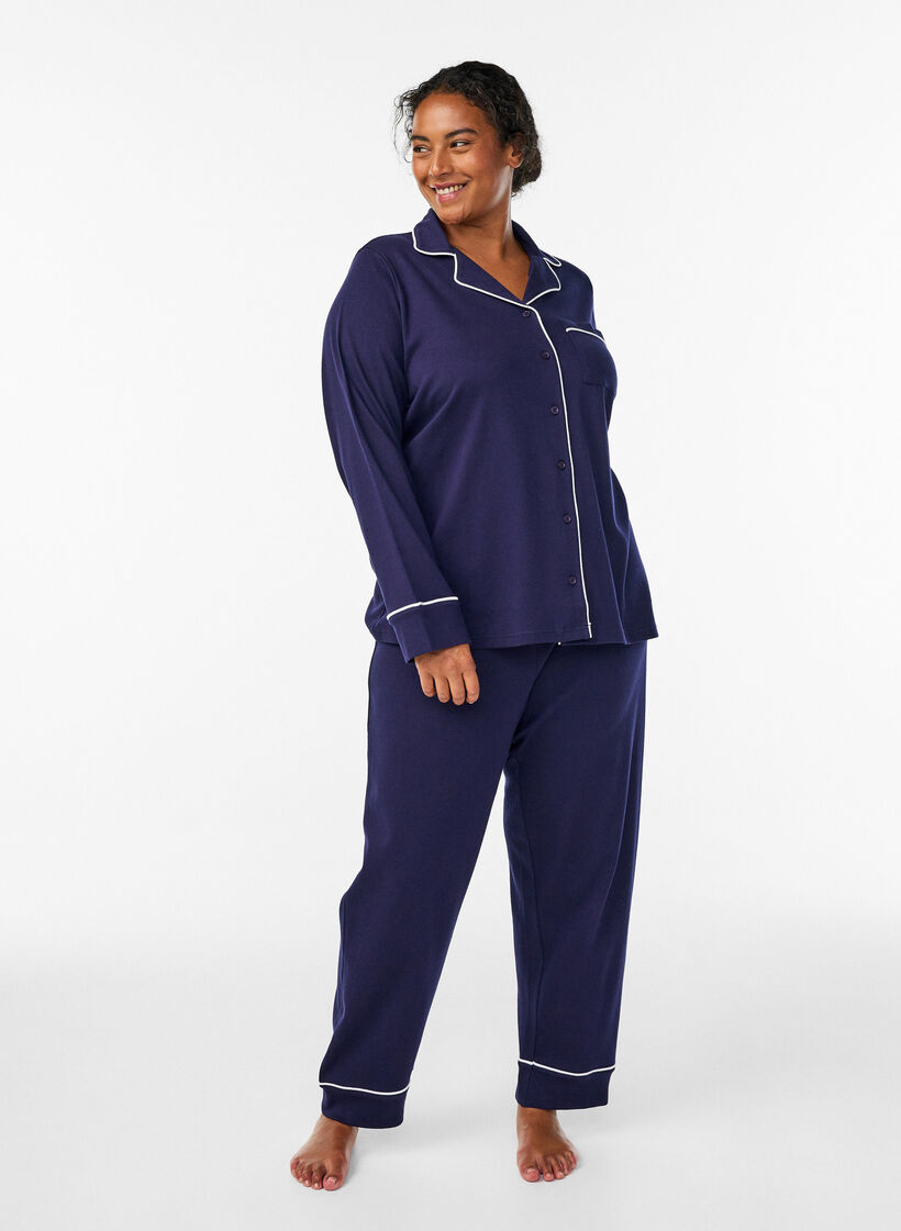 Puuvillaiset pyjamahousut korkealla vy&ouml;t&auml;r&ouml;ll&auml;, Sininen, Model image number 0