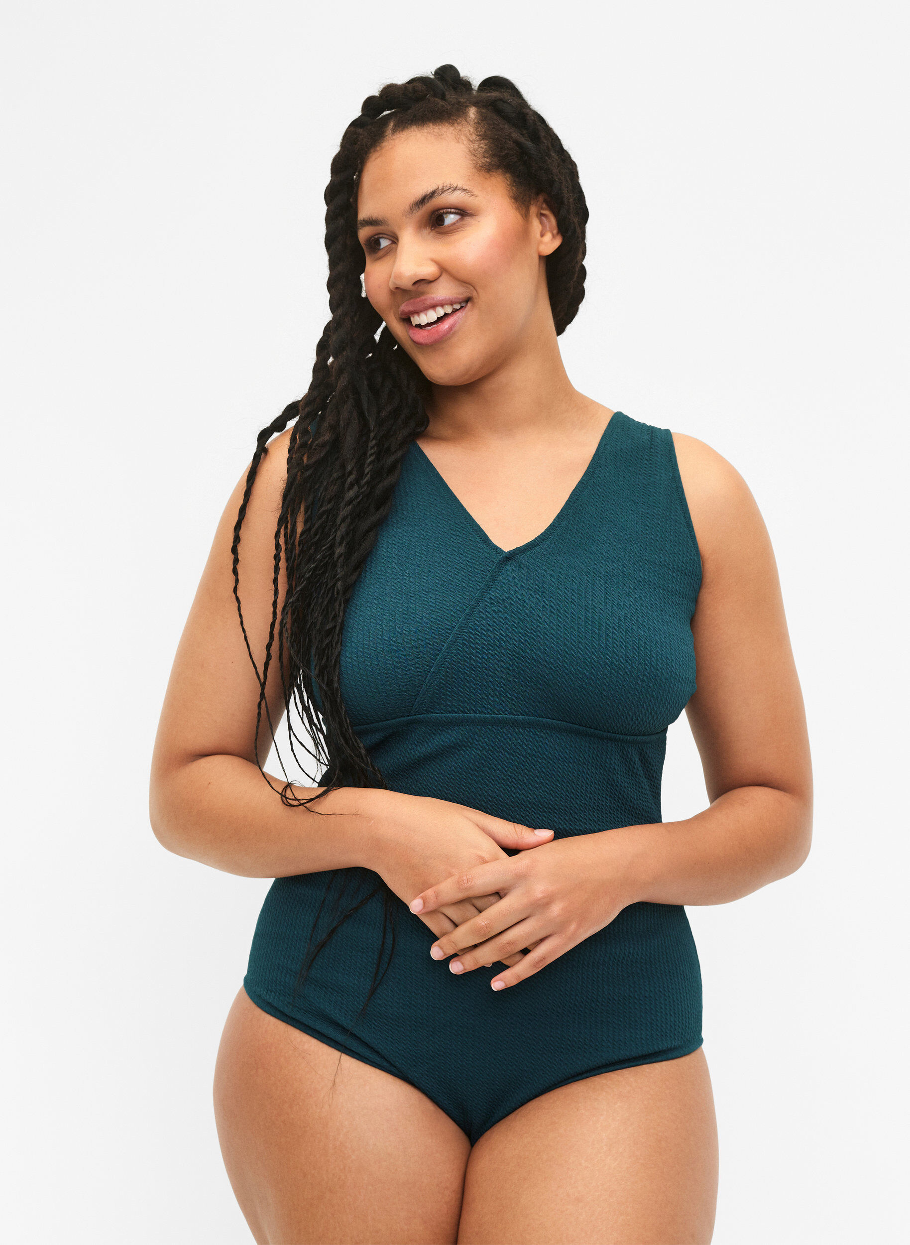 Zizzi Kietaisu-uimapuku, jossa on kreppikuosi, Dark Sea, Model image number 0