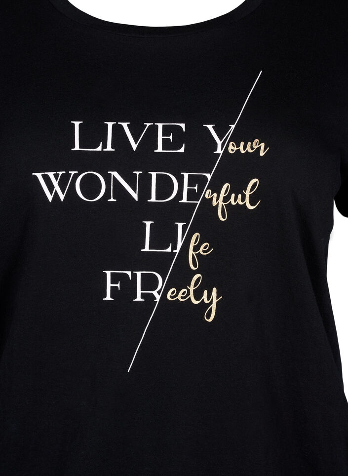 Lyhythihainen puuvillainen t-paita joustoreunuksella , Black w. Live, Packshot image number 2