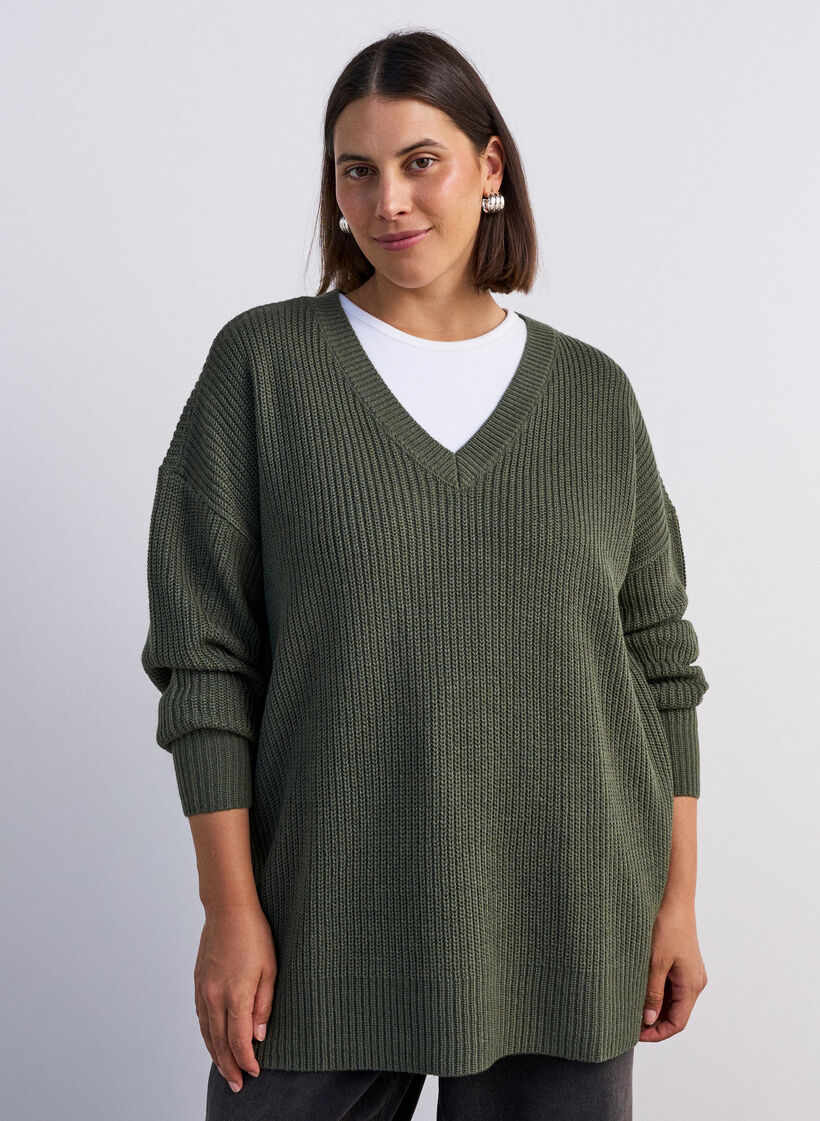 Pitk&auml; ribbineulepusero V-p&auml;&auml;ntiell&auml;, Vihre&auml;, Model image number 0