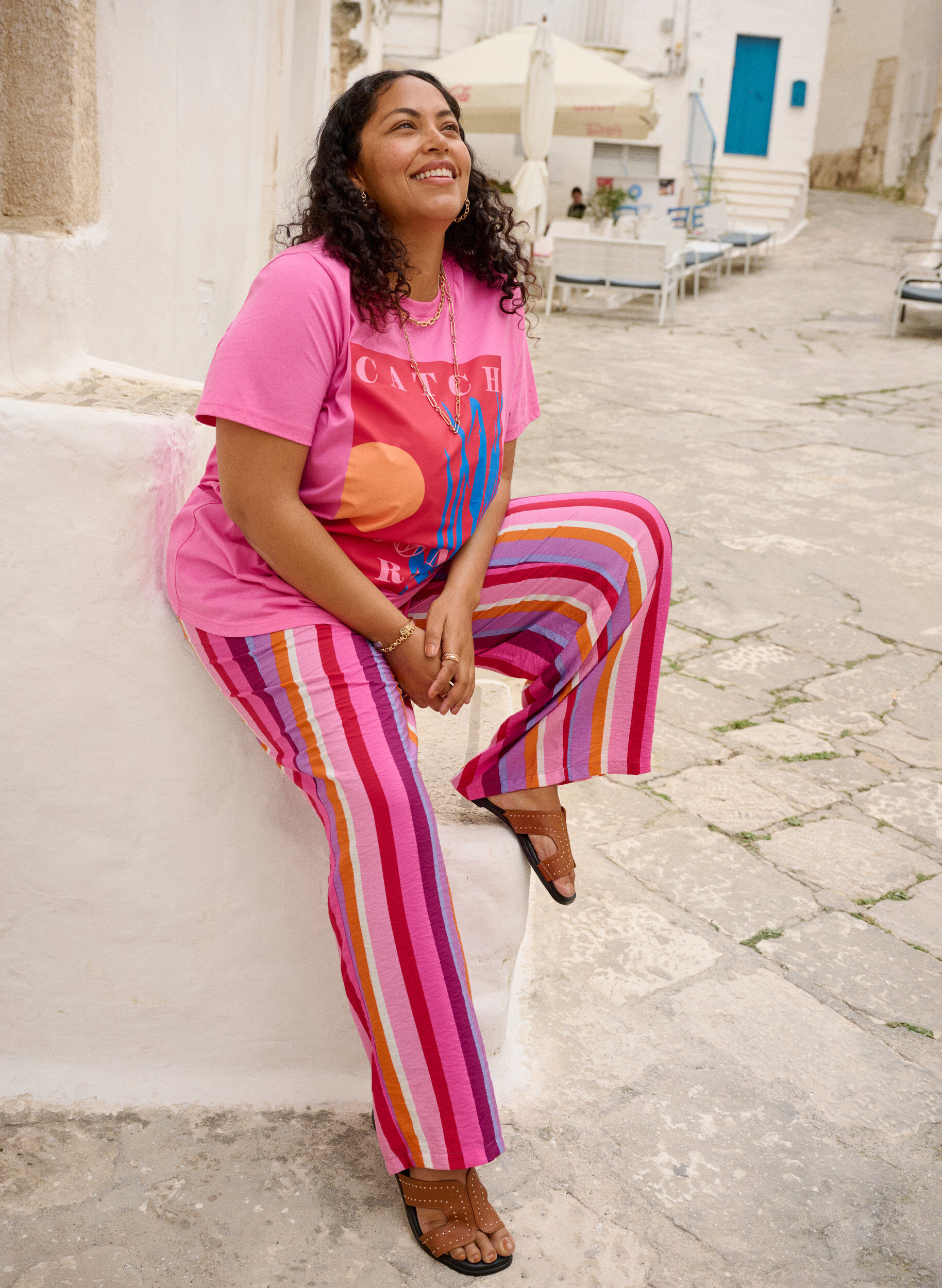 Zizzi V&auml;lj&auml;t raidalliset viskoosihousut, Vaaleanpunainen, Image image number 0