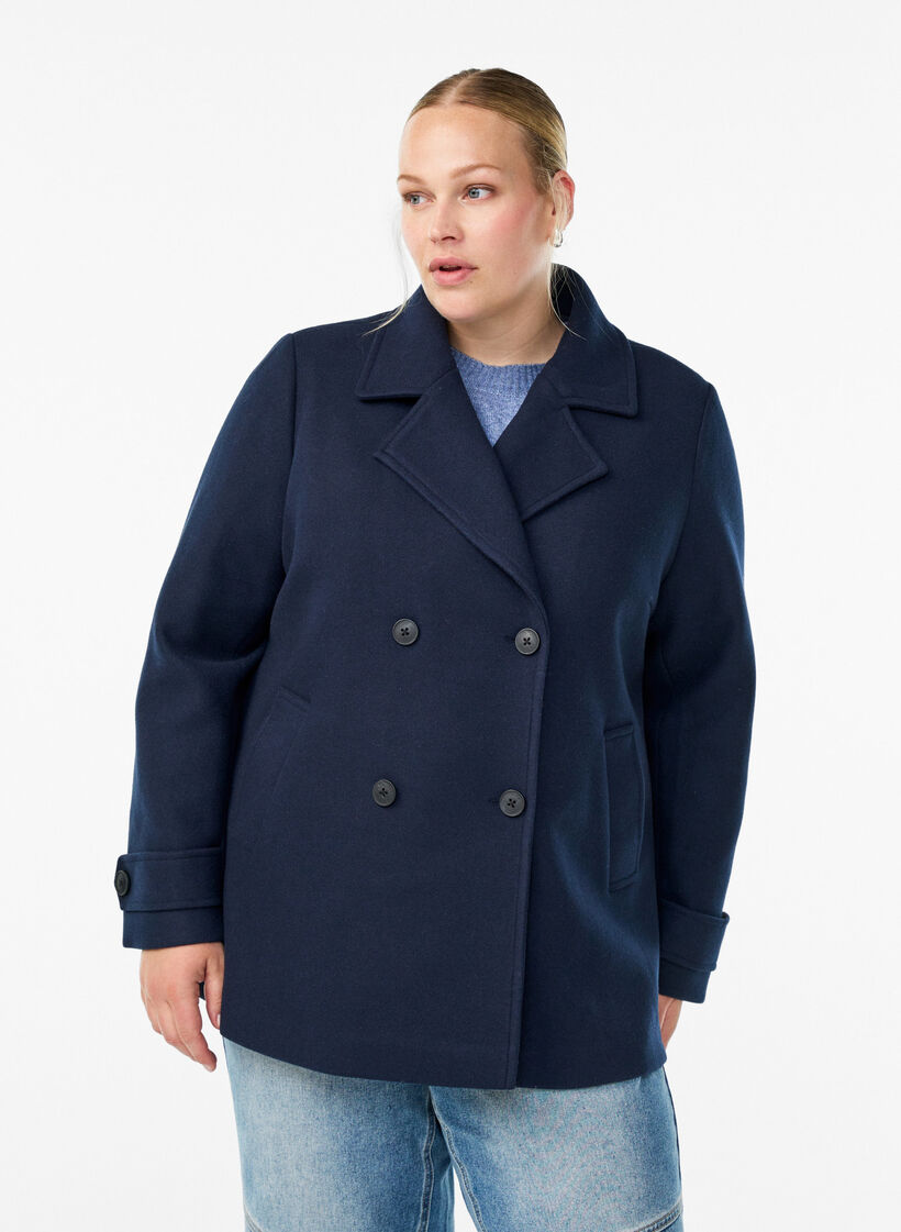 Lyhyt takki kaksoisnapituksella, Sininen, Model image number 0