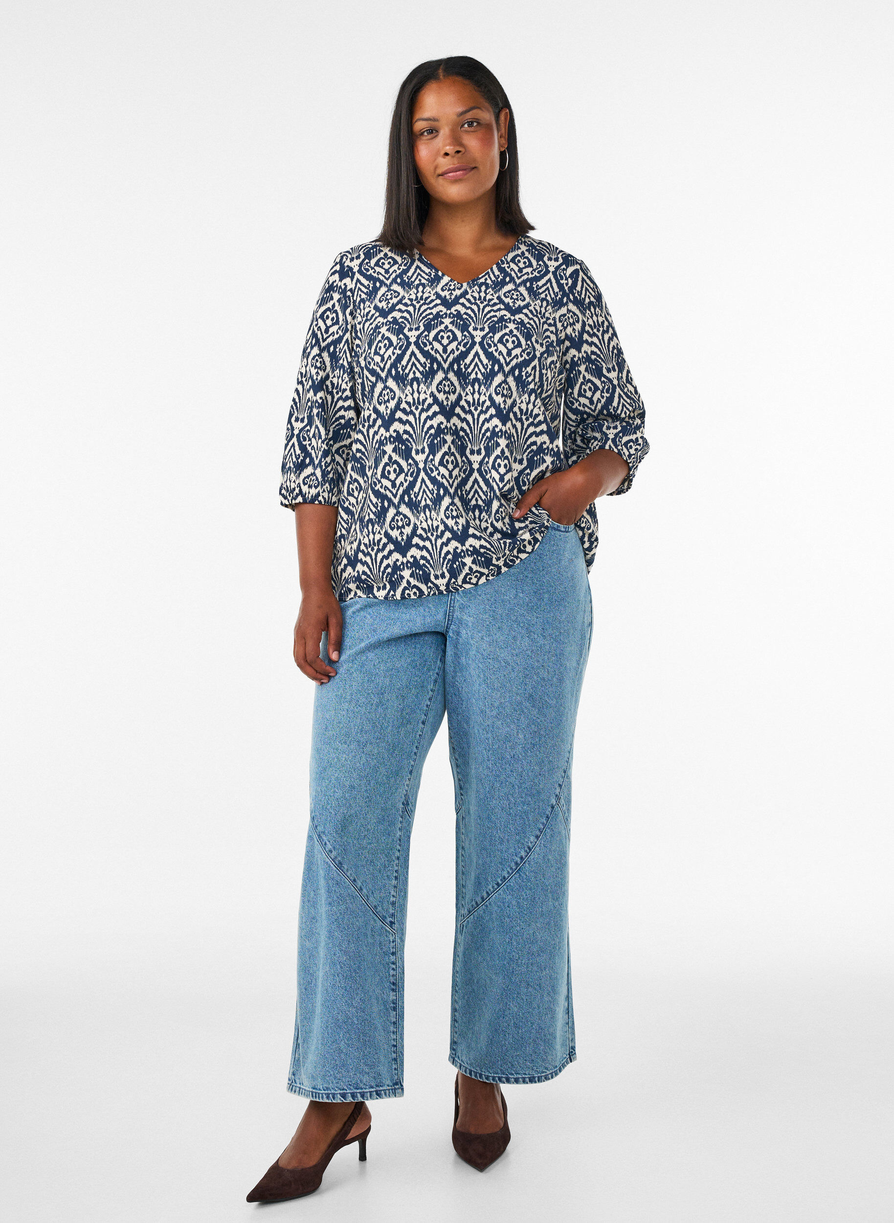 ZizziKuviollinen viskoosipusero 3/4-hihoilla, Sininen, Model image number 1