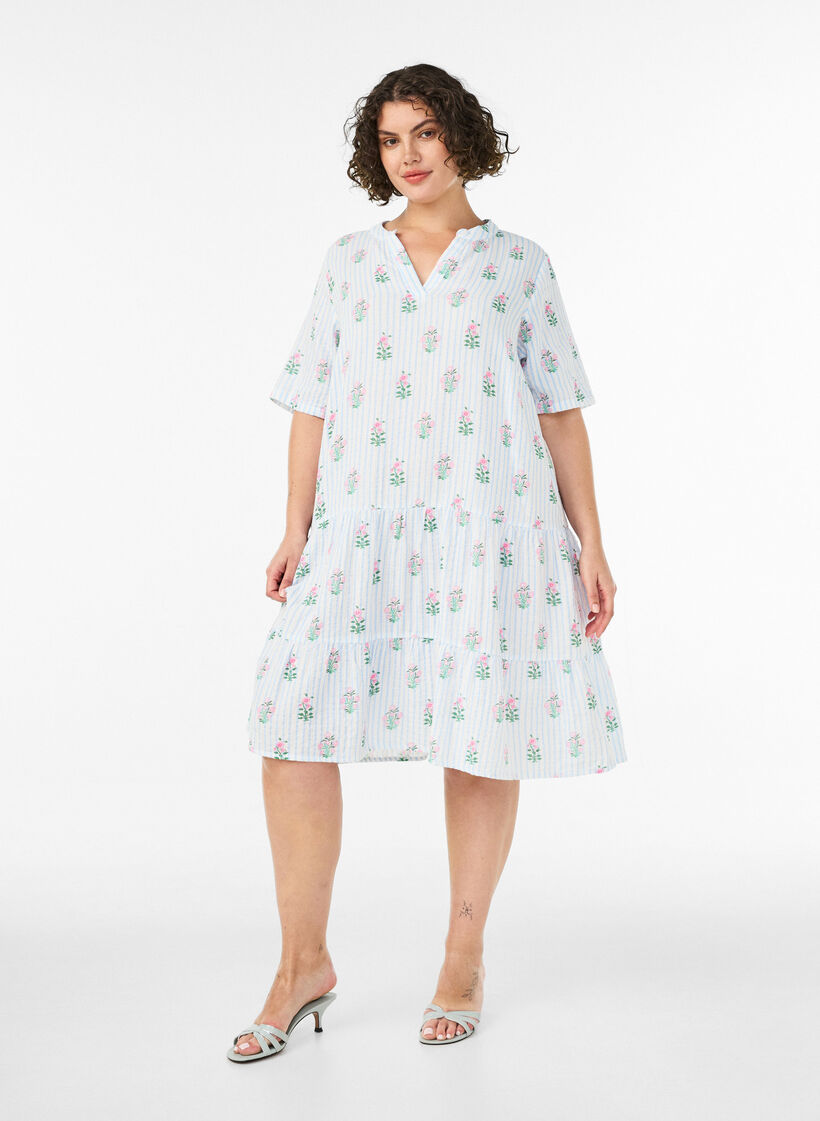 Lyhyt A-linjainen mekko puuvillamusliinista, Vanilja, Model image number 1