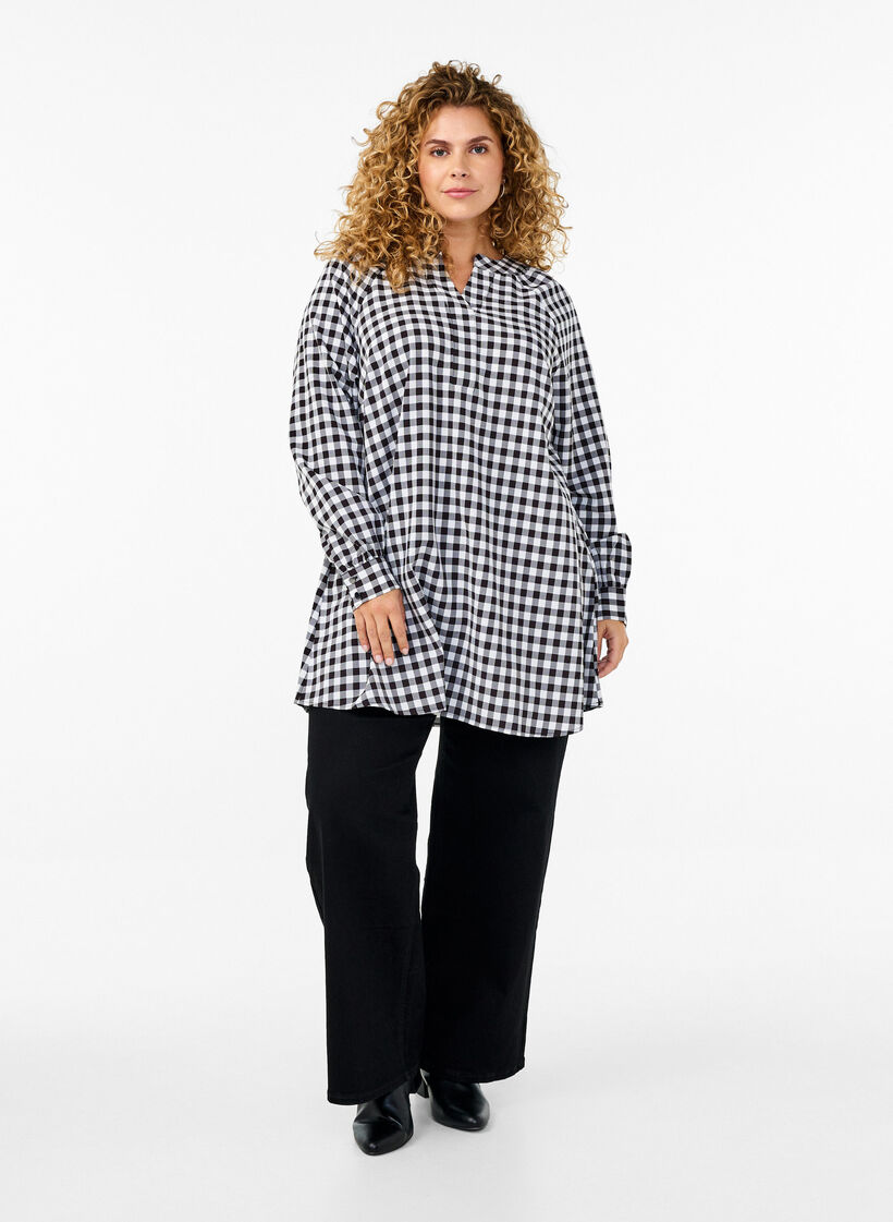 Ruudullinen tunika V-pääntiellä, Black/W. Gingham, Model image number 2