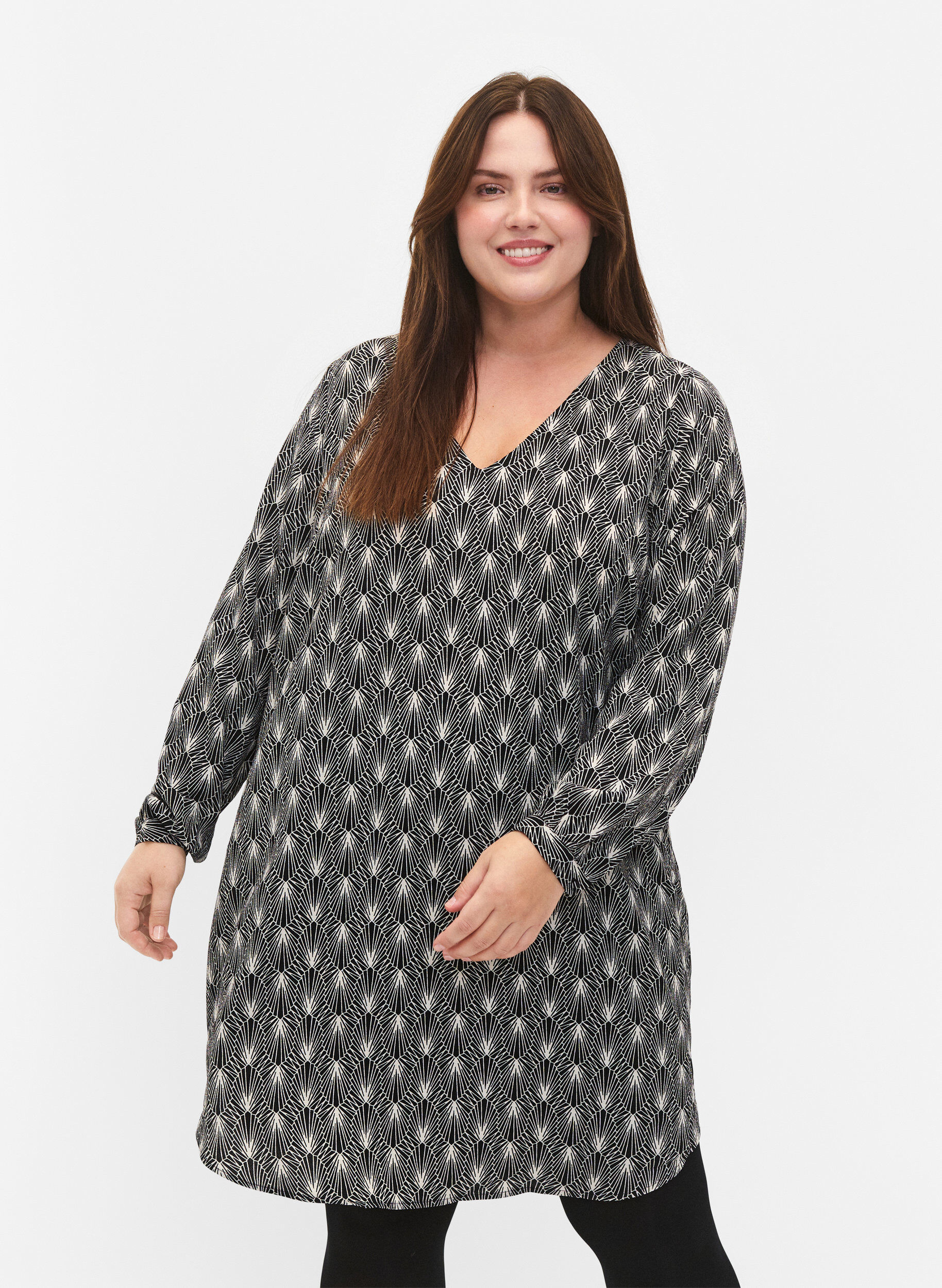 Zizzi V-kauluksellinen mekko kuviolla, Birch Graphic AOP, Model image number 0