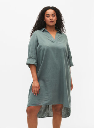 Puuvillasta ja pellavasta valmistettu raidallinen mekko, Balsam Green, Model image number 0