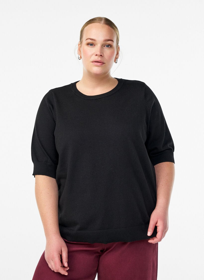 Hienoneulepusero lyhyill&auml; hihoilla, Musta, Model image number 0