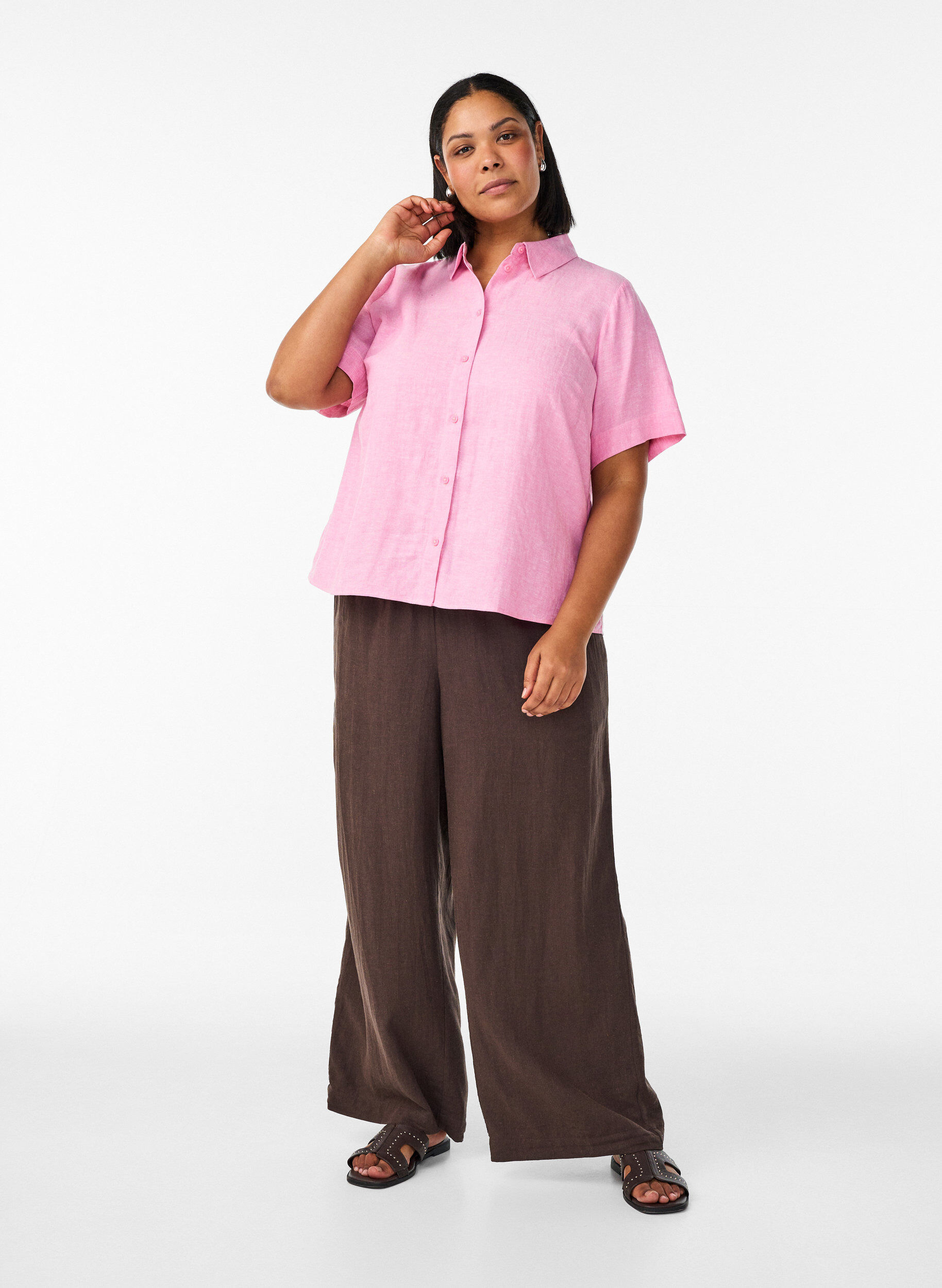 Zizzi Lyhythihainen paita pellavasta ja viskoosista, Vaaleanpunainen, Model image number 1