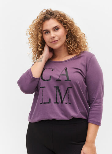 Puuvillainen t-paita 3/4-hihoilla, Vintage Violet, Model image number 0