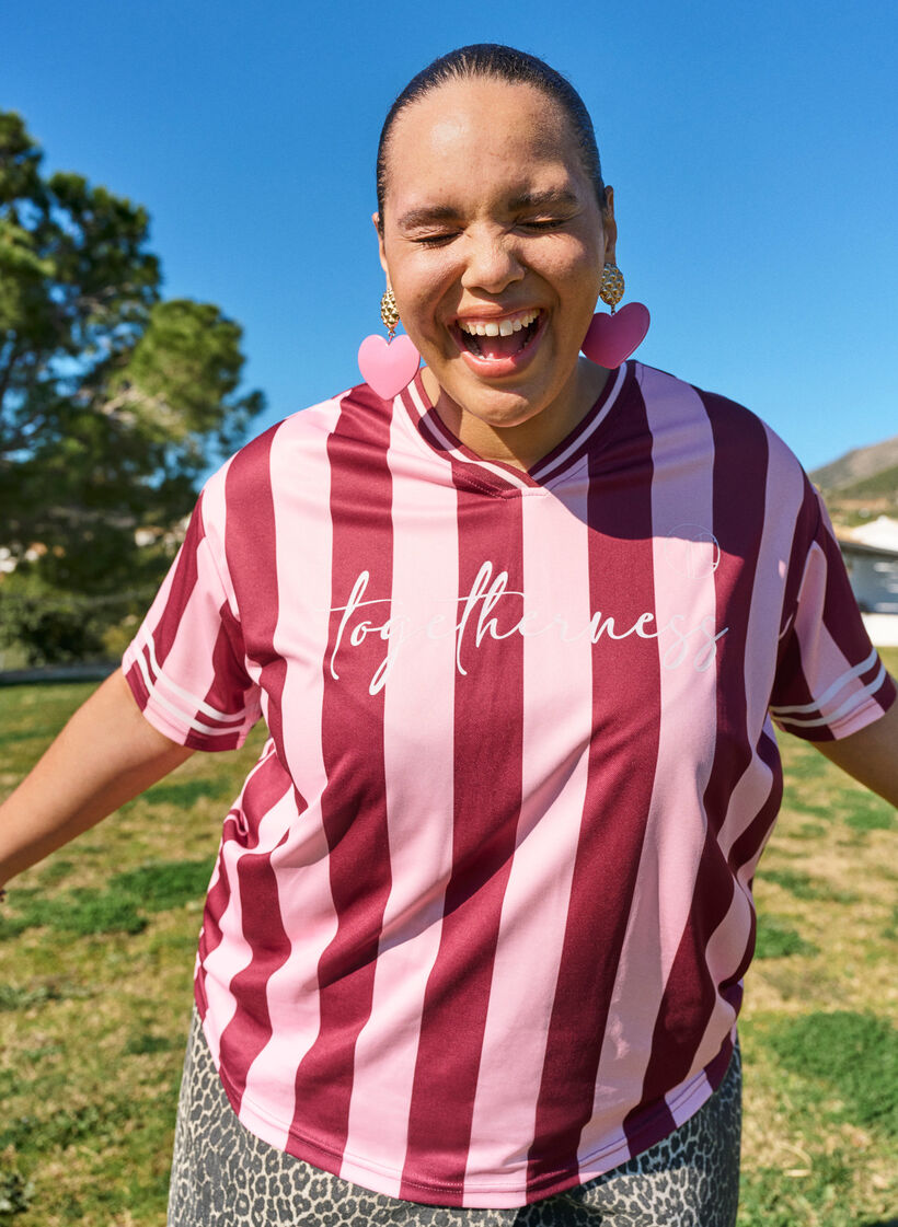 Sporttinen t-paita raidoilla ja teksti-printillä, Vaaleanpunainen, Image image number 0