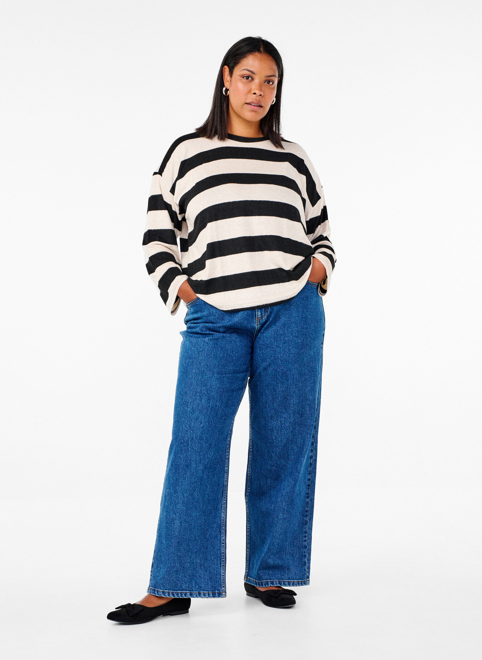 Zizzi Pitk&auml;hihainen raidallinen pusero, Bl. Beige Mel.Stripe, Model image number 2