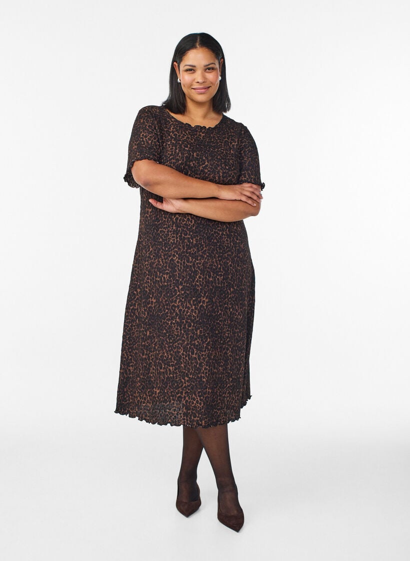 Strukturoitu midimekko lyhyill&auml; hihoilla, Ruskea, Model image number 0