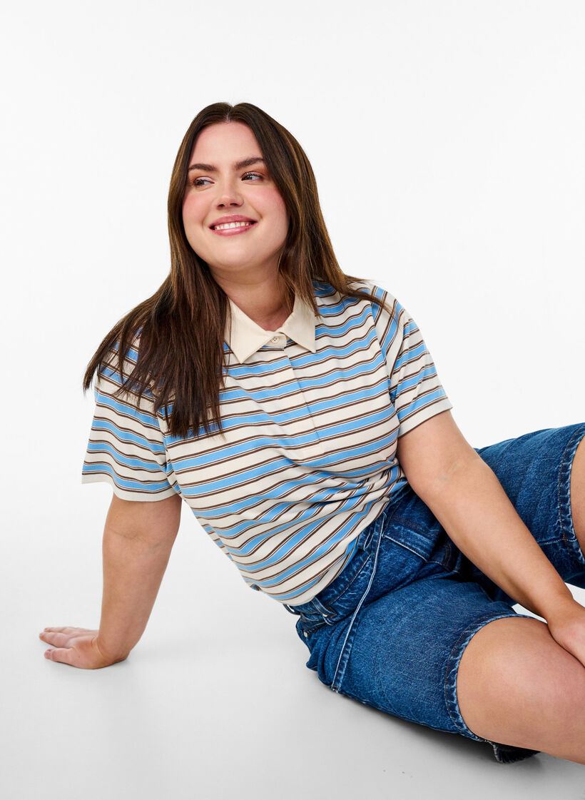 Raidallinen pikeepaita lyhyillä hihoilla, Sininen, Image image number 0