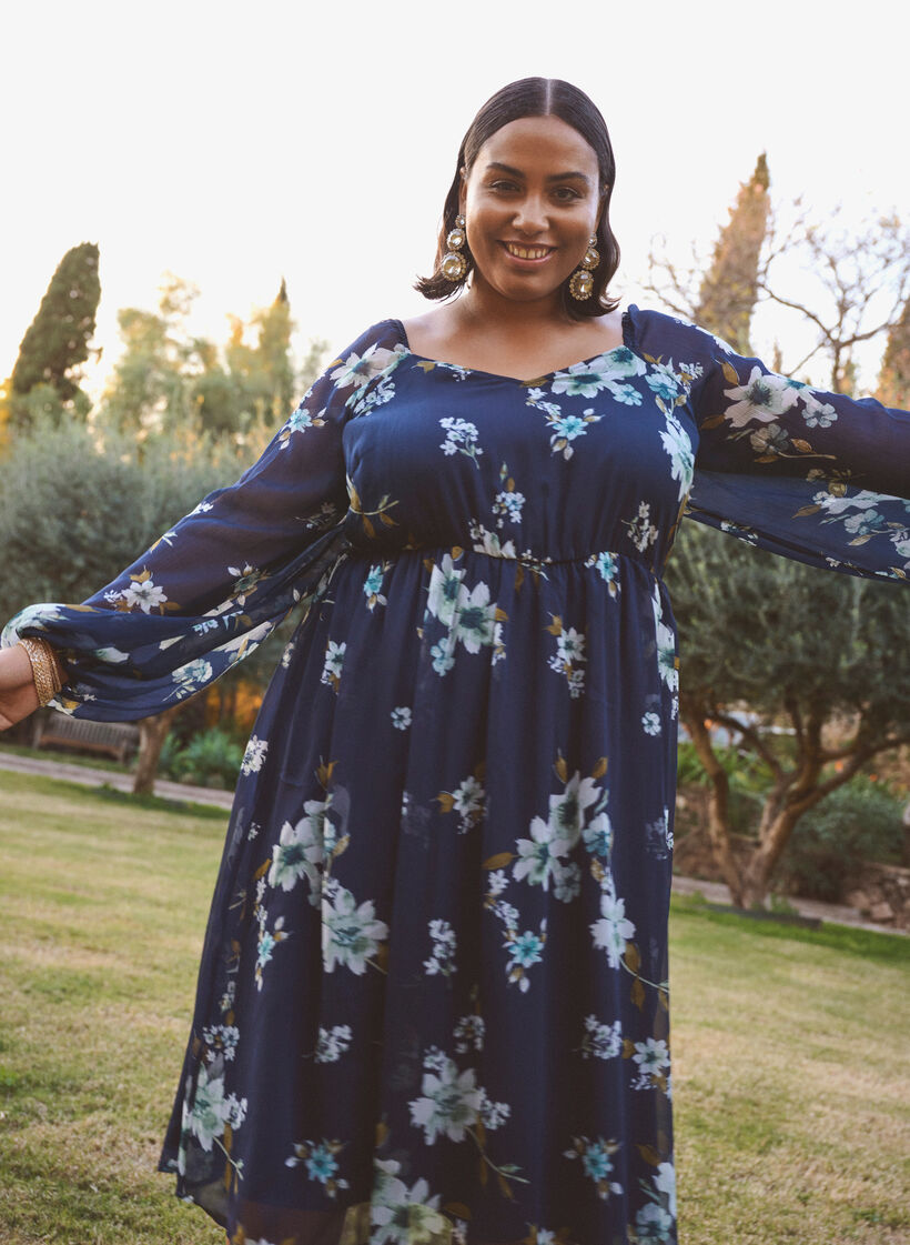 Pitkähihainen sifonkijuhlamekko, Sininen, Image image number 0