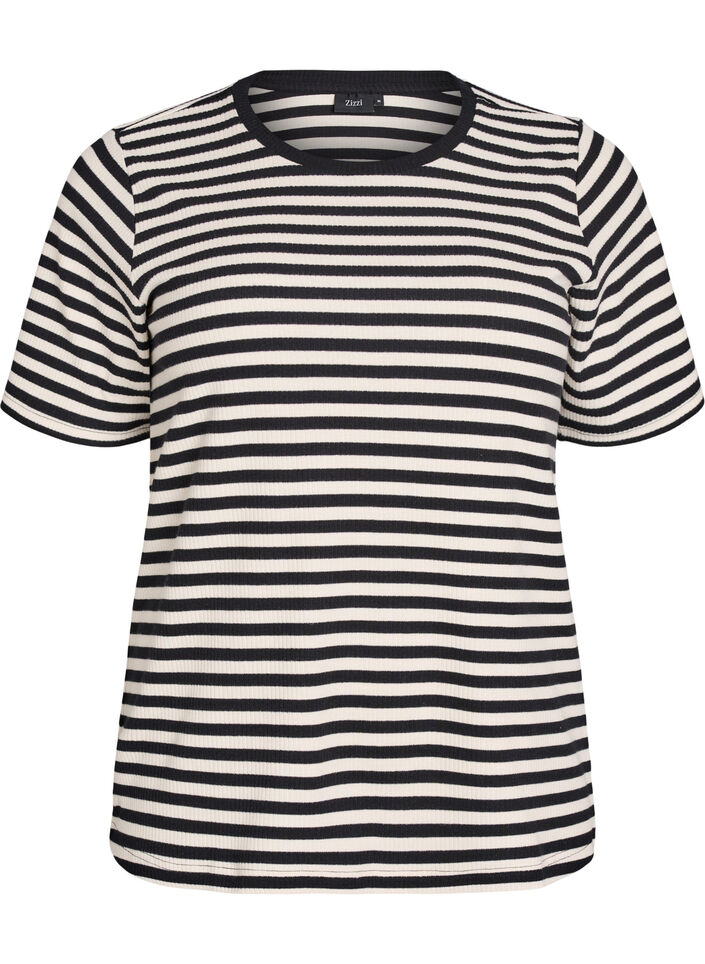 Raidallinen ribattu T-paita, Musta, Packshot image number 0