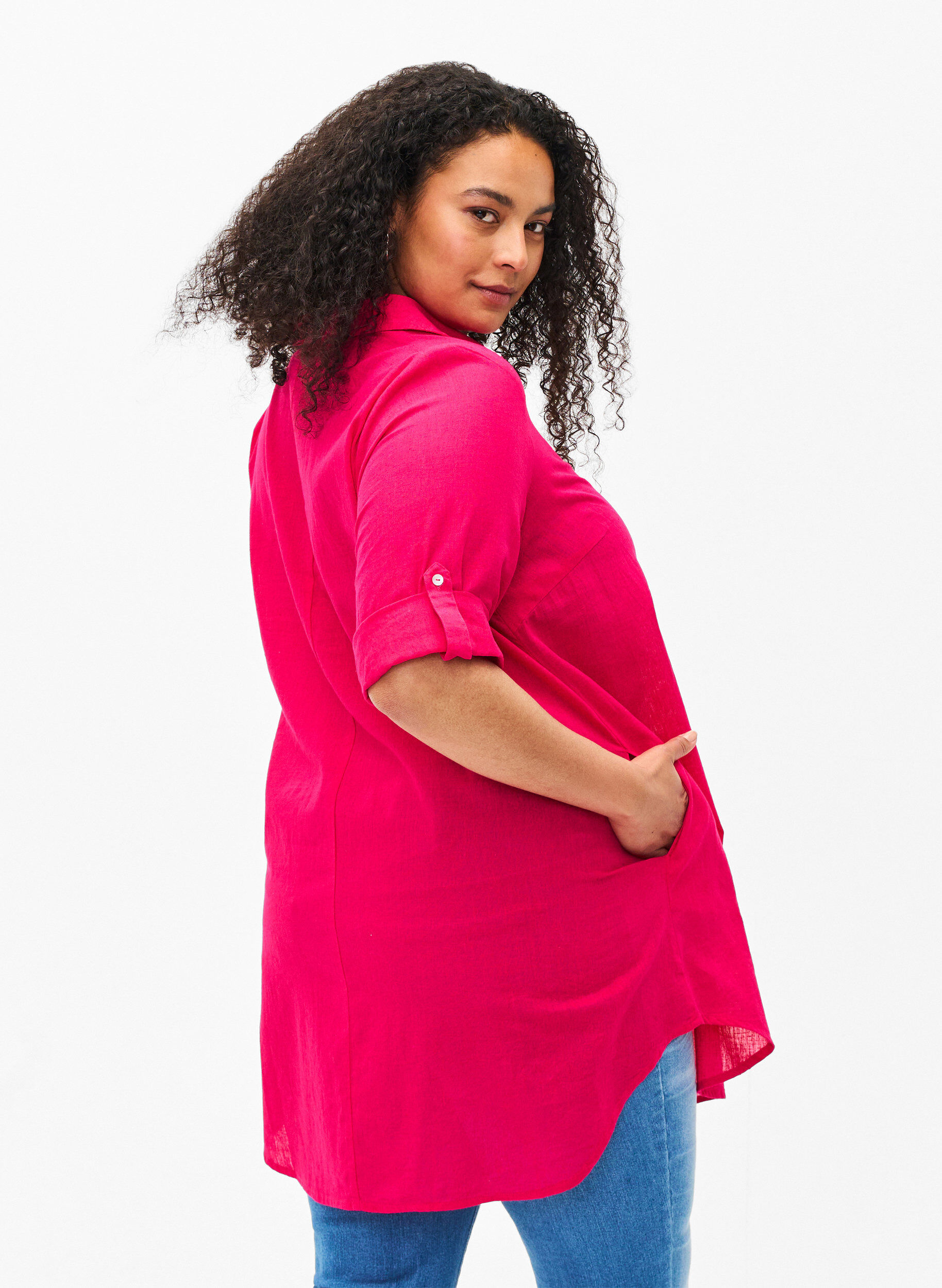 Zizzi Lyhythihainen tunika puuvillan ja pellavan sekoitteesta, Bright Rose, Model image number 1