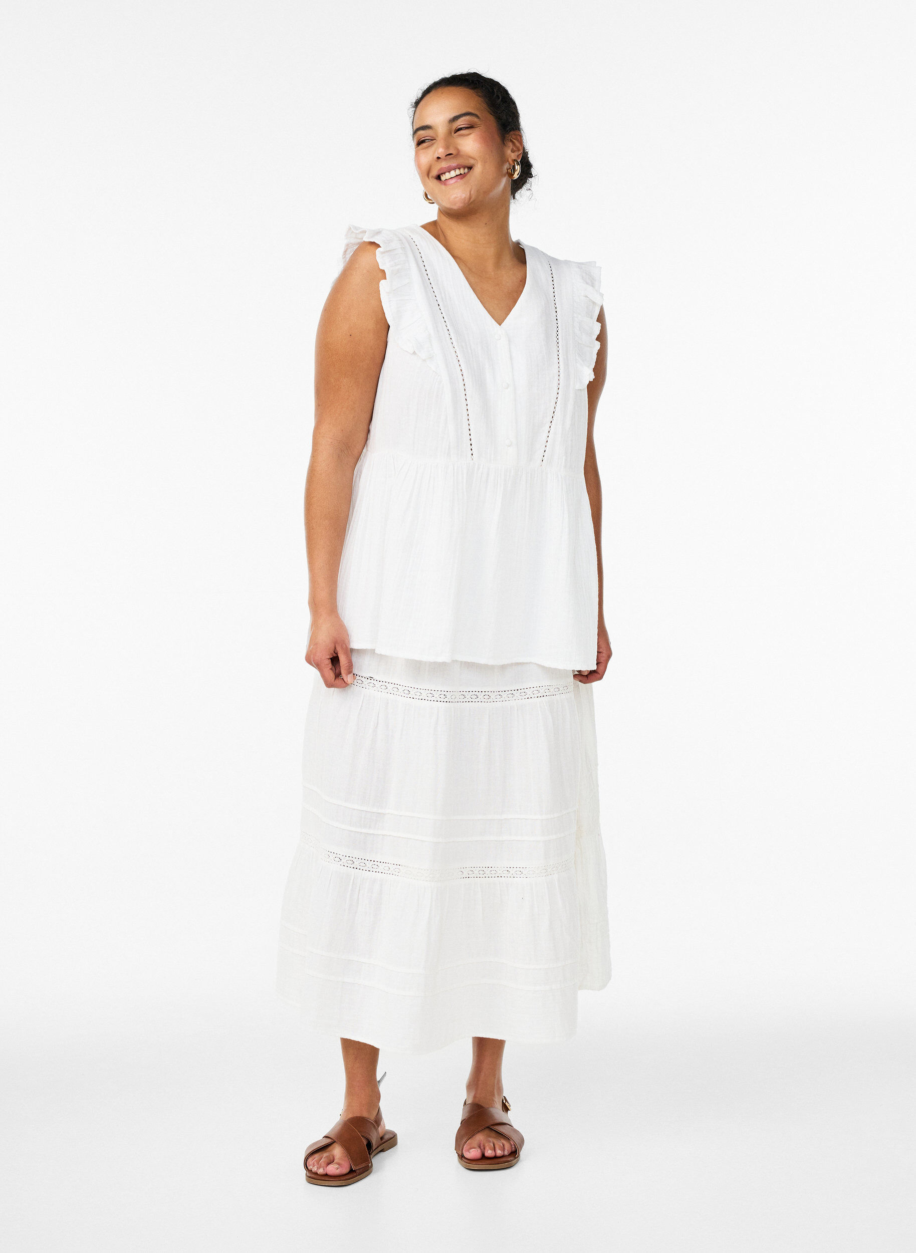 ZizziHihaton puuvillamusliinipusero r&ouml;yhel&ouml;ill&auml;, Valkoinen, Model image number 1